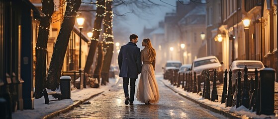 Wall Mural - wedding couple strolling across snowy European city,