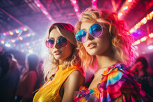 90s Women At Techno Disco With Neon Colours. AI Generativ.