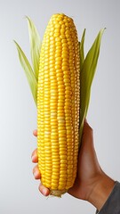 against a white background, a human hand grasping a corn cob,.