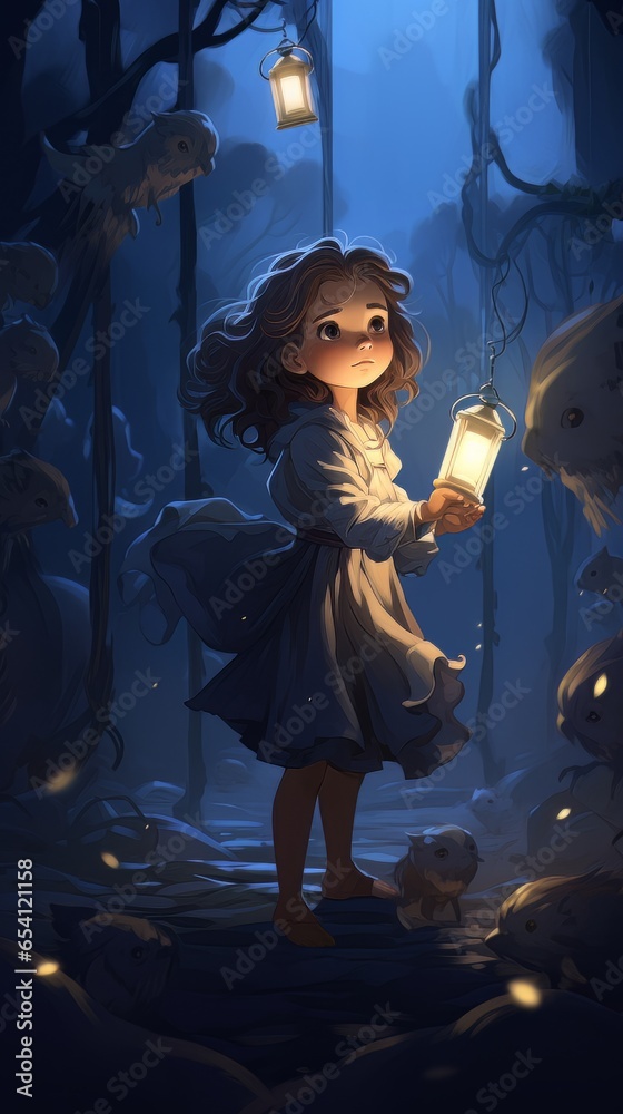 Cartoon child in the forest alone in creepy fairy tale forest. AI