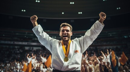 The gold medal winner at the indoor stadium. Celebrating success. Generative ai