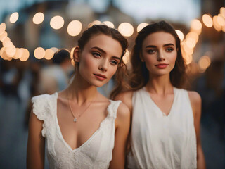 Wall Mural - Portrait of two girls in white dress.