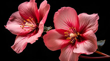 A Close Up Of Two Pink Flowers On A Black Background_