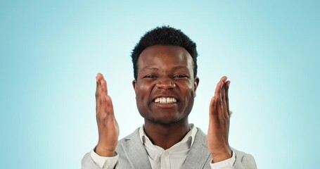Poster - Excited, perfect and face of black man for business, corporate success and achievement. Happy, wow and portrait of an African businessman or employee with promotion announcement on a blue background
