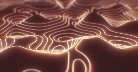 Abstract orange futuristic hi-tech landscape with mountains and canyons from glowing energy circles and magic lines background