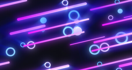 Poster - Blue purple glowing geometric abstract background pattern of flying lines and circles