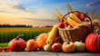 basket of pumpkins, Corns, Malt and Apples with Autumn Beautiful Sky Background Thanksgiving