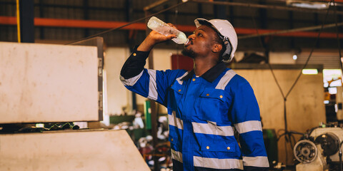 Young engineer, maintenance expert, drinks water to relieve thirst in factory warehouse Technicians work together