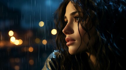 Wall Mural - A beautiful pensive woman looks out the window at night during the rain and drops flow down the glass. Face of a sad girl close-up