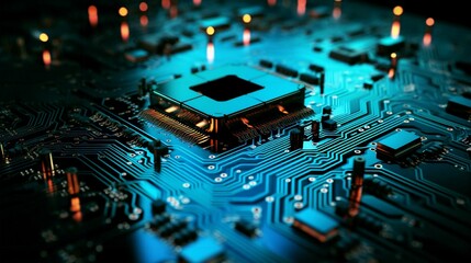 Poster - Computer electronic chip with processor, transistors, resistors and microchips. Abstract hi-tech background