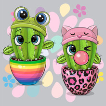 Cute Cartoon Cacti In Frog And Cat Hat