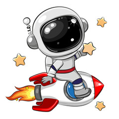 Wall Mural - cartoon astronaut on the rocket on a space background