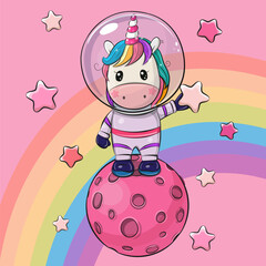 Wall Mural - cartoon unicorn astronaut on the moon on a pink space background