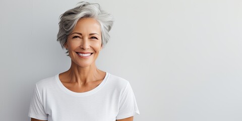 Wall Mural - Beautiful mature woman in her sixties with light grey background, smiling senior lady in a white t-shirt, studio shot with copy space