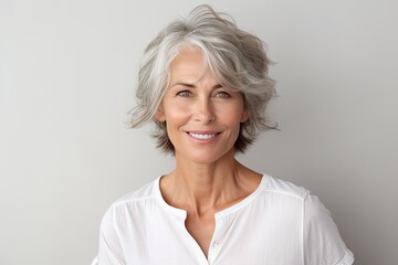 Wall Mural - Senior woman portrait, mature grey haired beautiful smiling lady with light background, studio shooting
