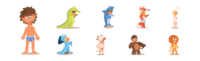 Sticker - Cute Kids Wearing Animal Costumes and Outfit Vector Set