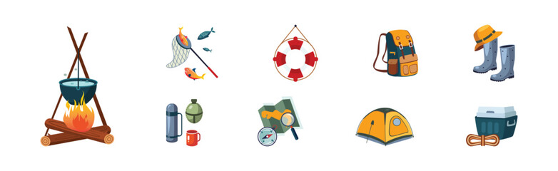 Poster - Camping and Tourist Equipment Object and Items Vector Set