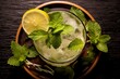 a cool minty beverage with rum and lime from a top view. Generative AI