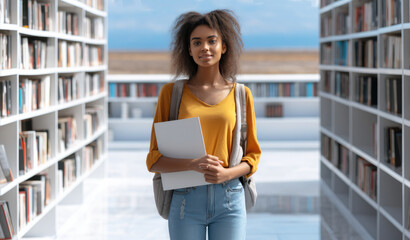 Canvas Print - Portrait of African ethnicity young woman stands in the university library.