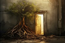 A Tree Growing Out Of A Doorway In A City With Tall Buildings And A Street Light At The End Of The Doorway Is A Tree With Roots Growing Out Of The Doorway. Generative AI