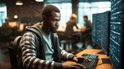 Aufkleber - Advanced technology cyber developer creating a node network using binary encryption in modern office.