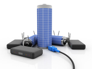 Poster - 3d rendering Transmitter WiFi with battery near aux cable
