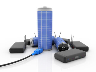Poster - 3d rendering Transmitter WiFi with battery near aux cable
