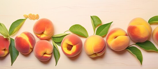 Poster - Peach fruit isolated pastel background Copy space