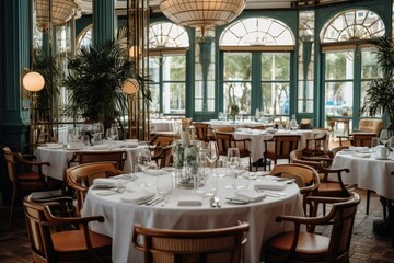 The white round banquet tables in the restaurant. Stylish event decor.