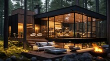 Exterior Luxury Glass Cottage In The Woods At Night, Modern Cabin House In Deep Forest.