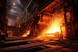 Fototapeta Fototapety kosmos - a steel mill, molten metal pouring into molds, while sparks fly. The long exposure captures trails of bright orange and yellow, representing intense heat and creation