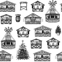 Wall Mural - Christmas market stalls background. Hand drawn vector illustration. Winter holiday seamless pattern. Wooden kiosk, Christmas tree, candy shop, bakery, fast food, mulled wine sketches