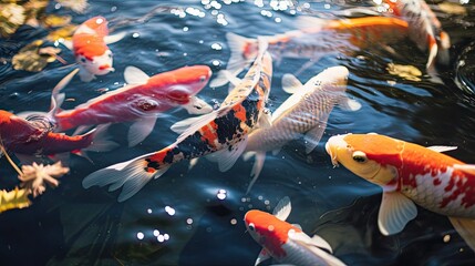 Wall Mural - Close-up of 3 koi fish in a pond with natural light.