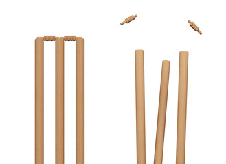 Cricket ball hitting wicket stumps knocking bails out against blue sky background. Bails fly from cricket stumps as ball hits on grass field. Close-up of cricket stumps and bails. 3D Rendering