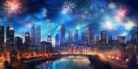 Wall Mural - Colorful Fireworks at Night with View of the Cityscape. New Year Celebration