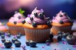 3D rendered muffins with purple cream and blueberry toppings. Generative AI