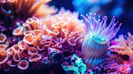 Close-up photo of coral reef background Bright neon coral reefs, sea anemones and sea plants