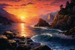 Illustration of sunset on a rocky beach near the mountains. Generative AI