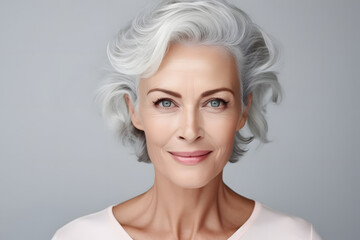 Wall Mural - Beautiful gorgeous 50s mid aged mature woman looking at camera isolated on white. Mature old lady close up portrait. Healthy face skin care beauty, middle age skincare cosmetics, cosmetology concept.