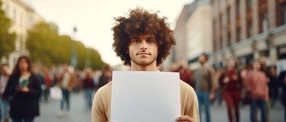 A political activist protesting holding a blank placard sign banner at a protest. Young political activist holding aloft a blank banner, inviting interpretation for protest. Generative ai