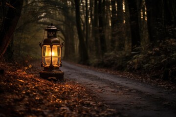 Wall Mural - a vintage lantern placed on a road running through a forest