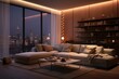 Modern living room with evening lights and sofa. Generative AI