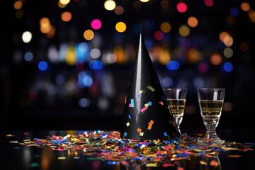 Wall Mural - close-up of a party hat with confetti and a shot glass on a sleek black bar counter