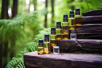 Wall Mural - essential oil bottles on wooden steps in a forest