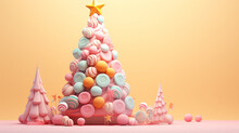 Candy lollipop dessert christmas tree pastel decorative copy space banner with beautiful baubles, 