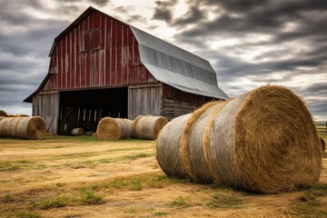 Sticker - hay bales stacked beside a wooden barn