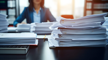 Wall Mural - Businesswoman hands working in Stacks of paper files for searching information on work desk in office, business report papers. Created with technology.