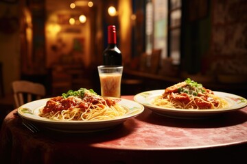 two plates of spaghetti in an italian restaurant