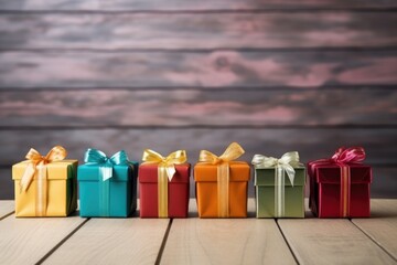 Poster - a row of colorful gift boxes on a wooden table