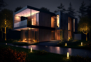 Sticker - Contemporary modern house by night. Architect's house. Modern house with large windows. Real estate. Real estate agency. Real estate agent

